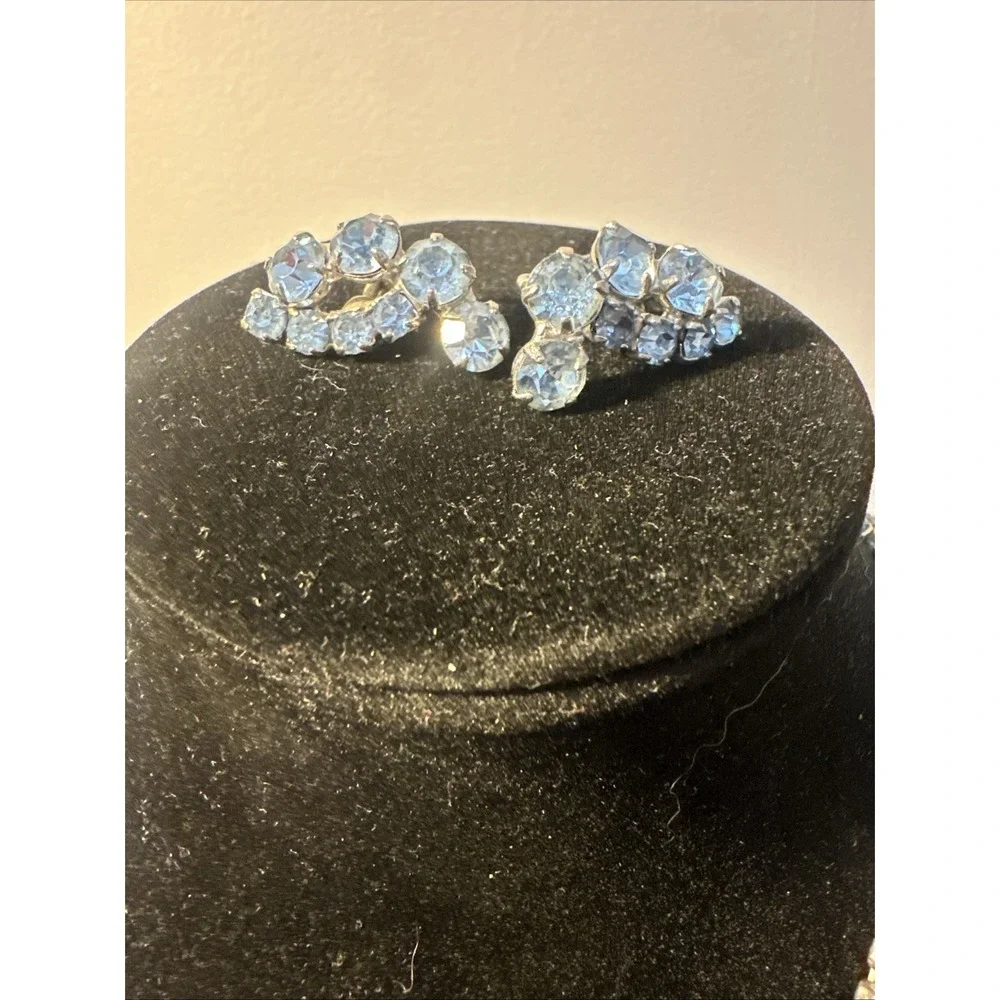 Vtg Blue Rhinestone Necklace With Earrings Screw Back